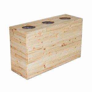 Cestino per differenziata in legno naturale, design eco-friendly, con scomparti distinti.