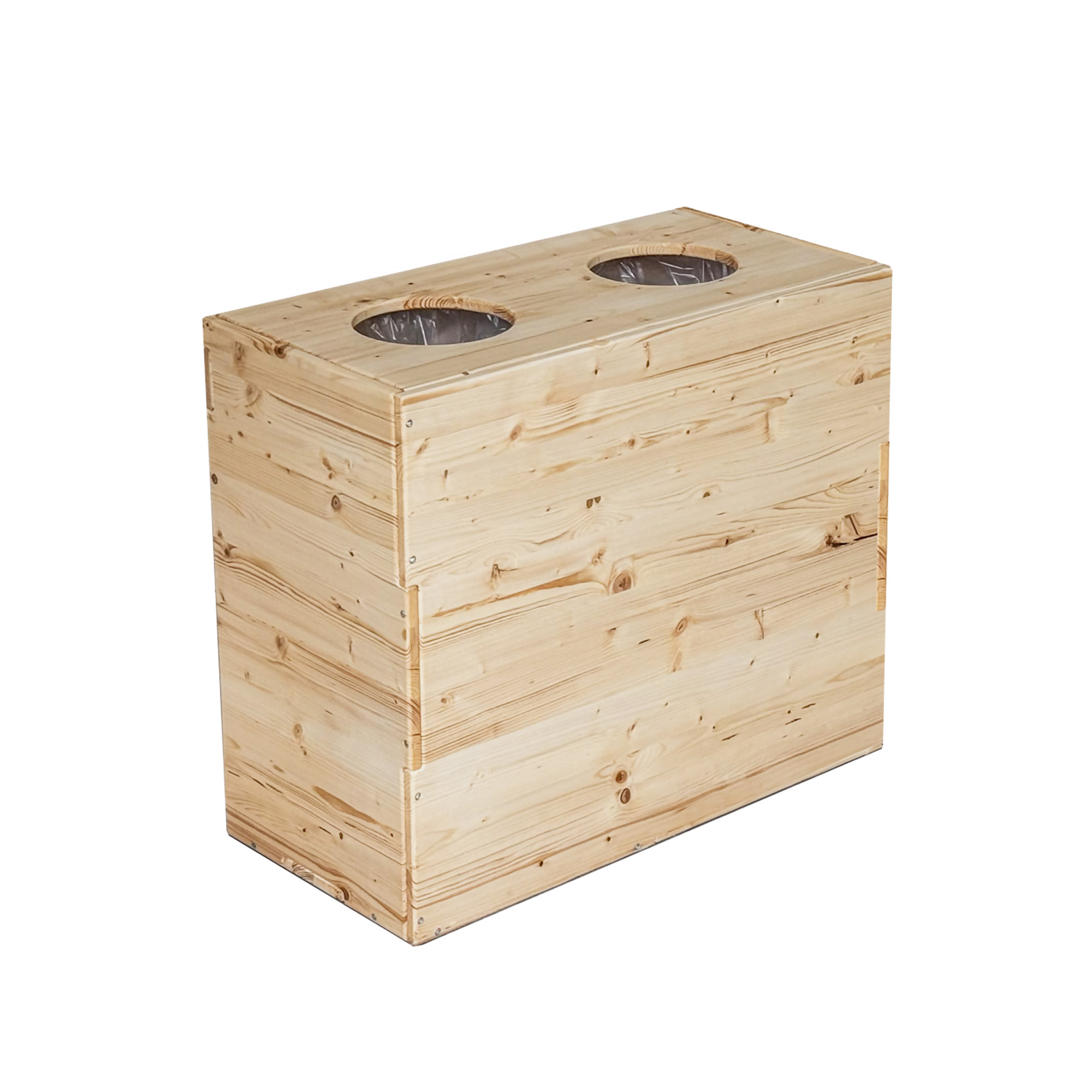 Cestino portarifiuti in legno naturale con misure per differenziazione dei rifiuti.