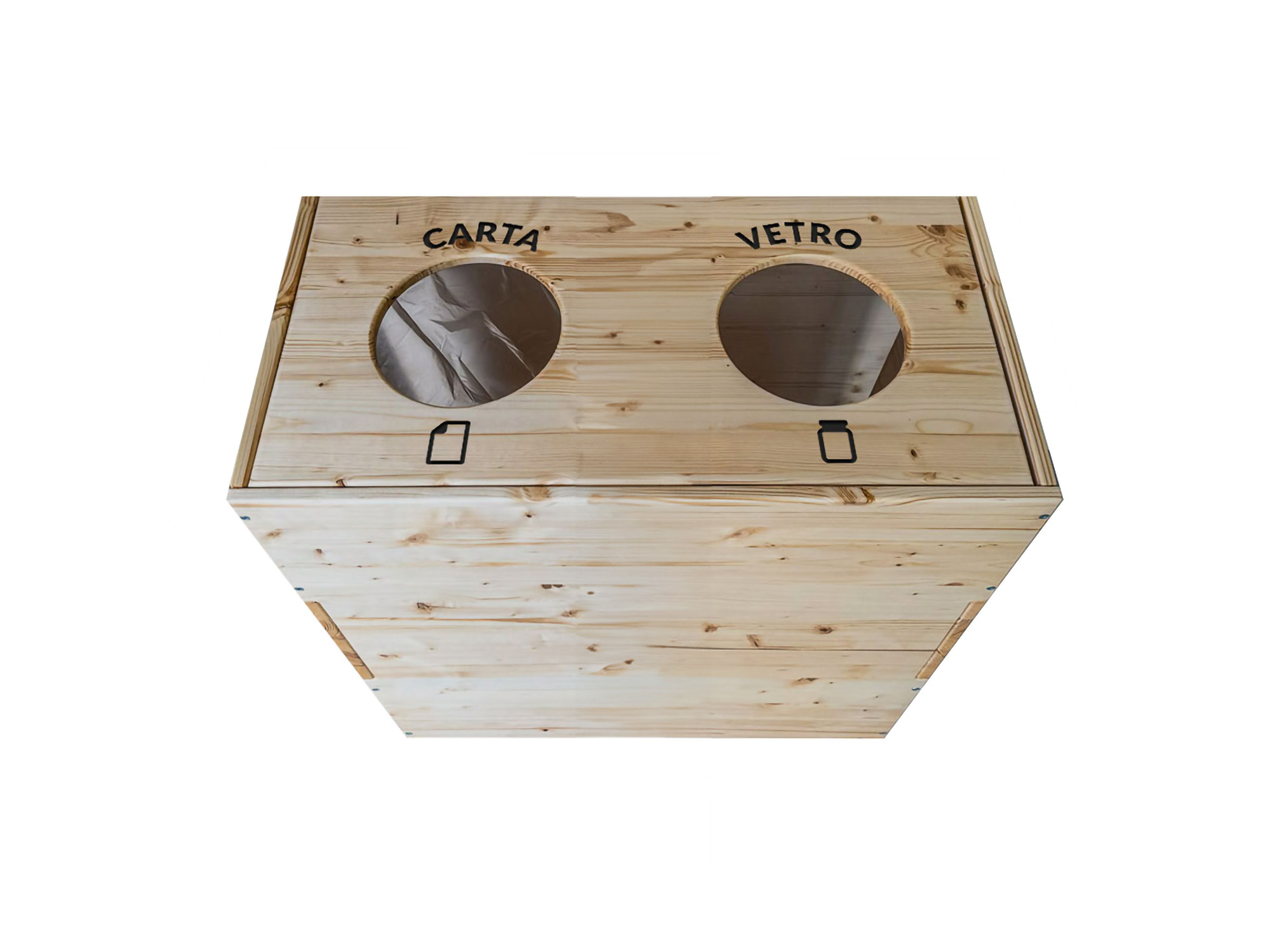 Dettaglio delle incisioni personalizzabili sul top del cestino per differenziata in legno.