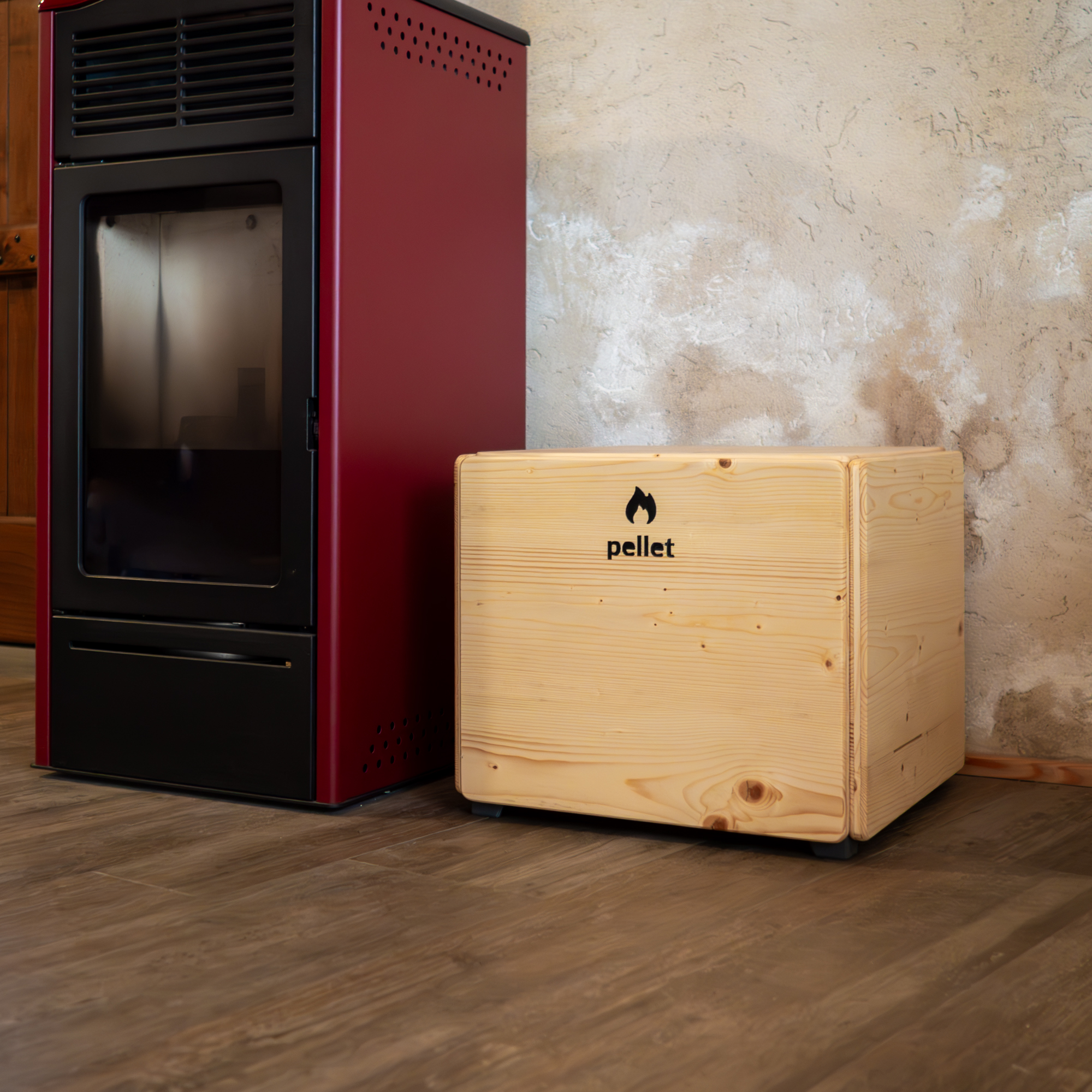 Porta pellet montato come seduta in legno di abete