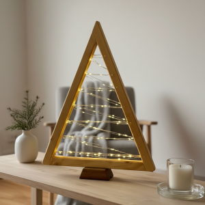 Albero di Natale in legno di abete con luci LED a luce calda, decorazione natalizia artigianale e sostenibile