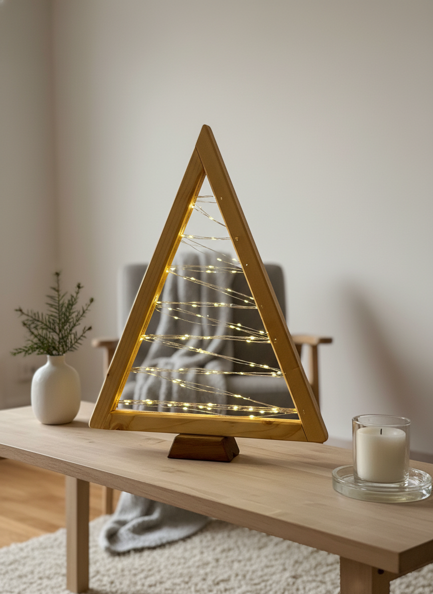 Albero di Natale in legno di abete con luci LED a luce calda, decorazione natalizia artigianale e sostenibile