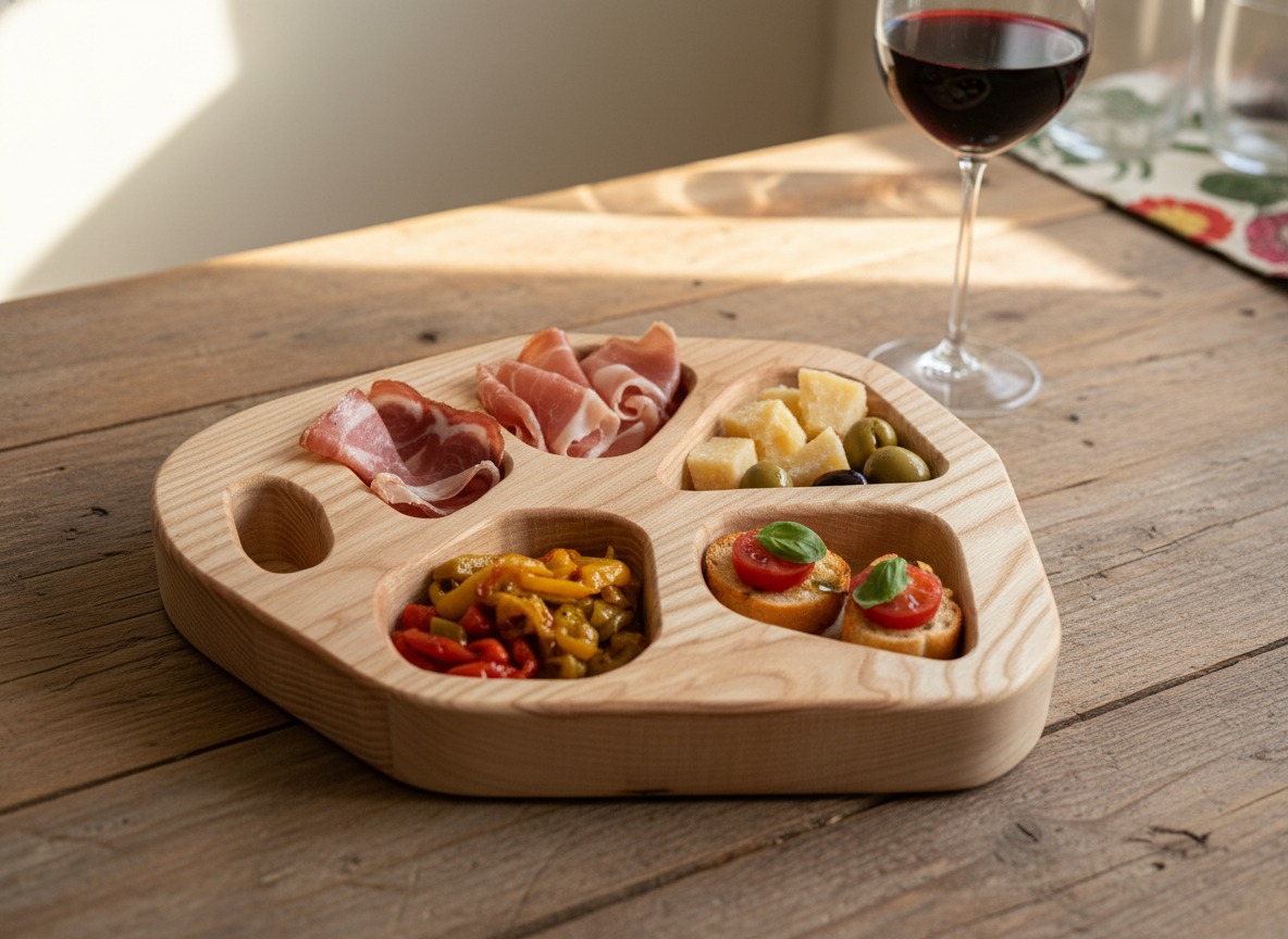 Vassoio da aperitivo in legno artigianale con incavi, realizzato a mano per salumi e formaggi