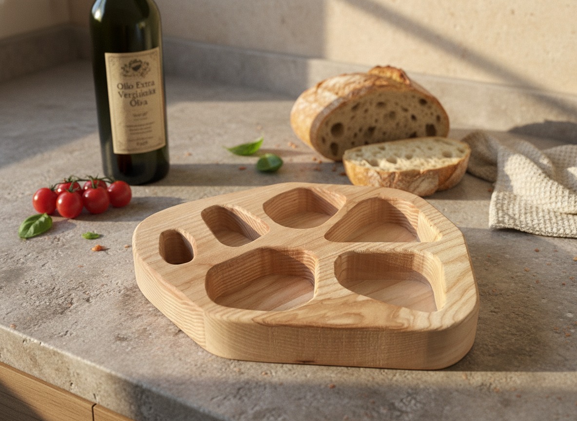 Vassoio da aperitivo in legno artigianale con incavi, realizzato a mano per salumi e formaggi