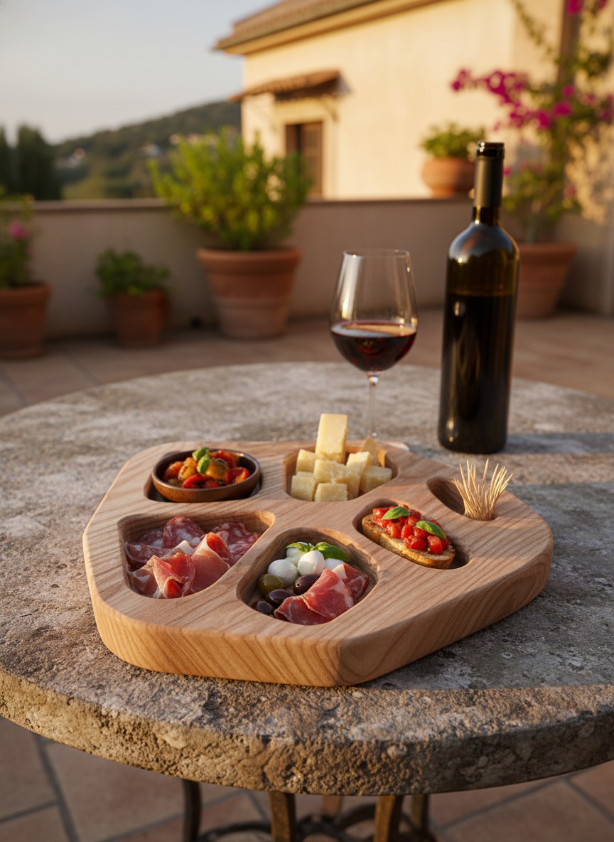 Vassoio da aperitivo in legno artigianale con incavi, realizzato a mano per salumi e formaggi