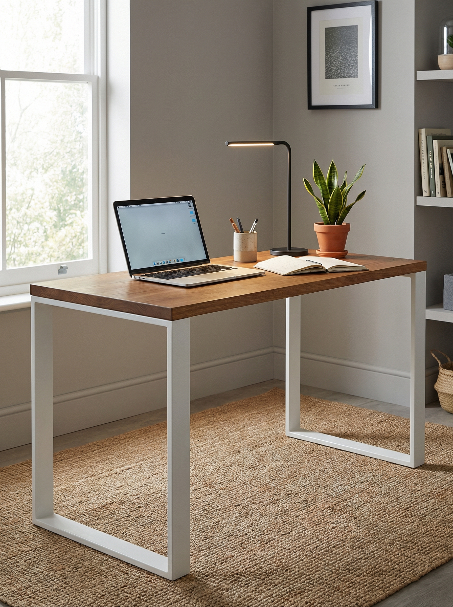 Scrivania in legno con piedi in ferro bianco, design essenziale per ufficio e home office