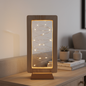 Lampada da tavolo in legno naturale con luce LED calda integrata e struttura artigianale minimal