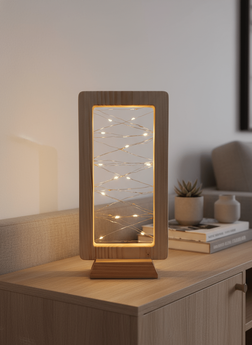 Lampada da tavolo in legno naturale con luce LED calda integrata e struttura artigianale minimal