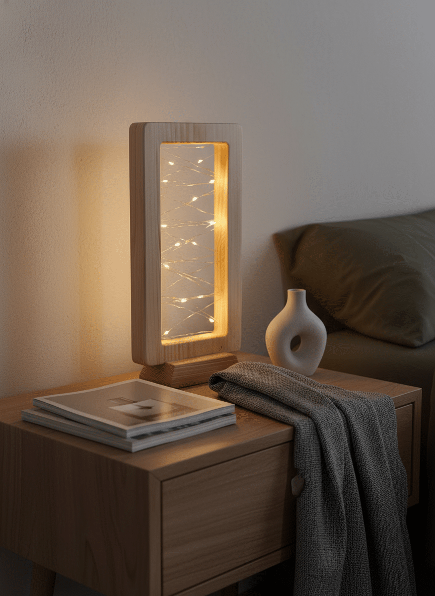 Lampada da tavolo in legno naturale con luce LED calda integrata e struttura artigianale minimal