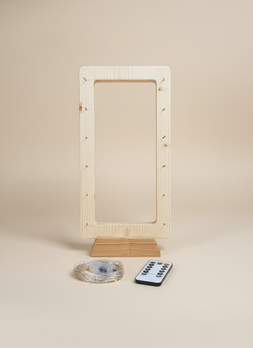 Lampada da tavolo in legno naturale con luce LED calda integrata e struttura artigianale minimal
