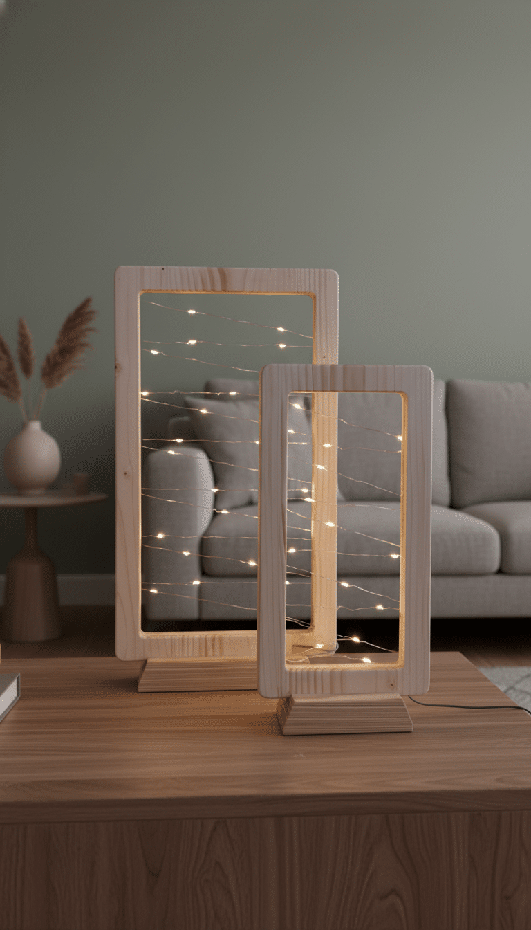Lampada da tavolo in legno naturale con luce LED calda integrata e struttura artigianale minimal