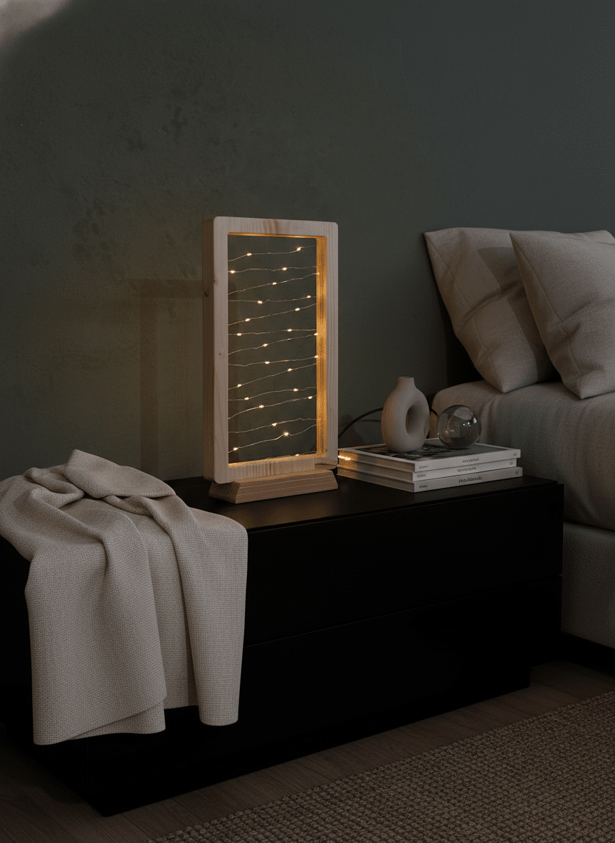 Lampada da tavolo in legno naturale con luce LED calda integrata e struttura artigianale minimal