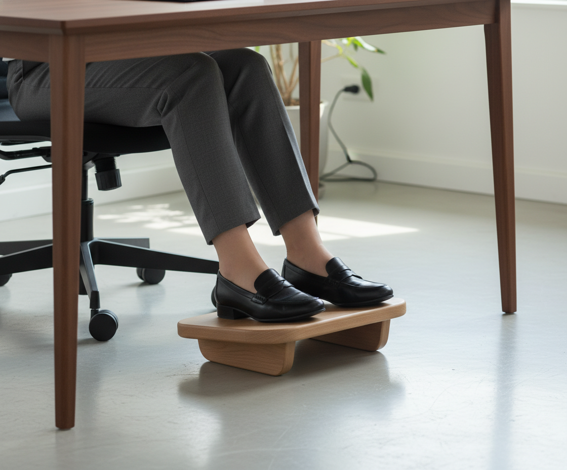 Poggiapiedi ergonomico da ufficio in legno di castagno naturale con design minimale, fotografato su sfondo neutro.