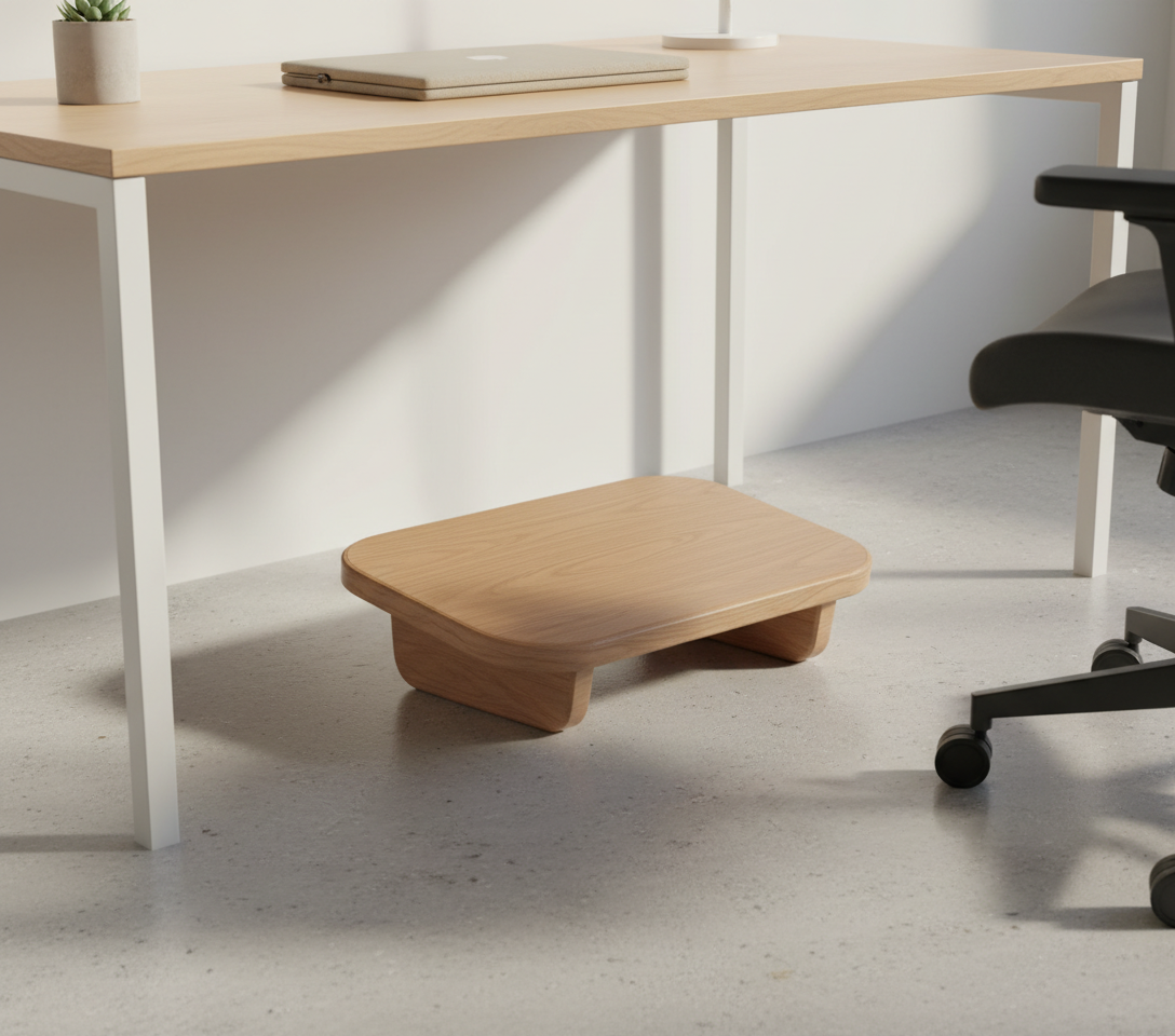 Poggiapiedi ergonomico da ufficio in legno di castagno naturale con design minimale, fotografato su sfondo neutro.