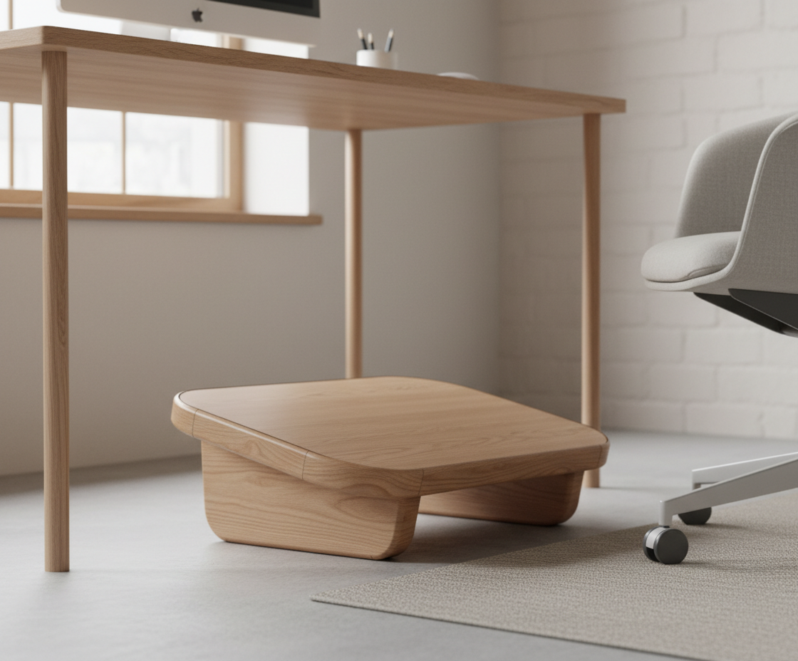 Poggiapiedi ergonomico da ufficio in legno di castagno naturale con design minimale, fotografato su sfondo neutro.