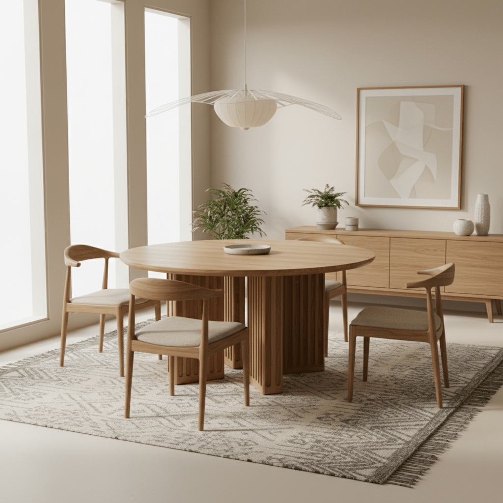 Tavolo circolare in legno di castagno massello, realizzato artigianalmente. Ideale per cucina e sala da pranzo, caldo e conviviale.