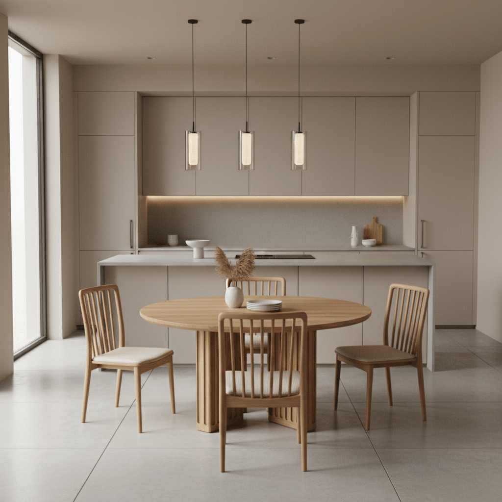 Tavolo circolare in legno di castagno massello, realizzato artigianalmente. Ideale per cucina e sala da pranzo, caldo e conviviale.