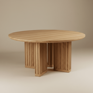 Tavolo circolare in legno di castagno massello, realizzato artigianalmente. Ideale per cucina e sala da pranzo, caldo e conviviale.
