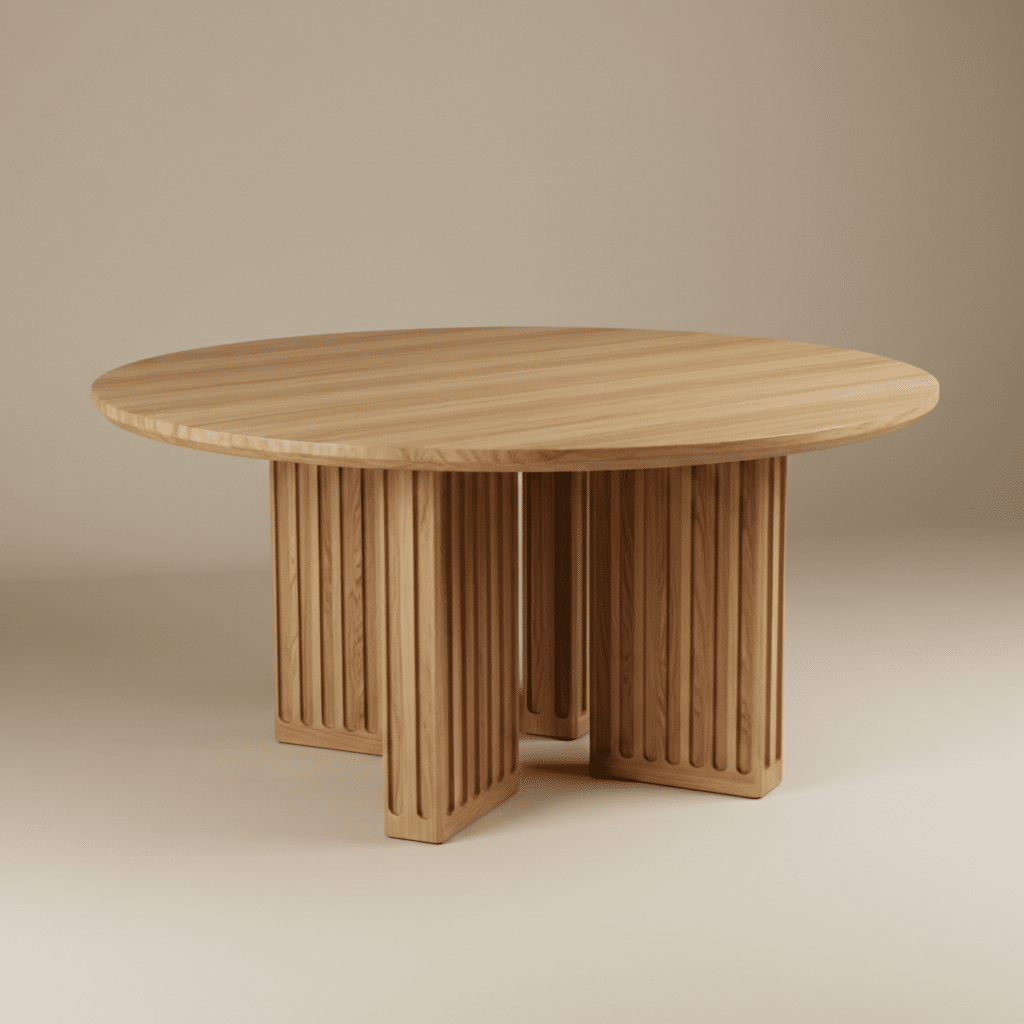 Tavolo circolare in legno di castagno massello, realizzato artigianalmente. Ideale per cucina e sala da pranzo, caldo e conviviale.